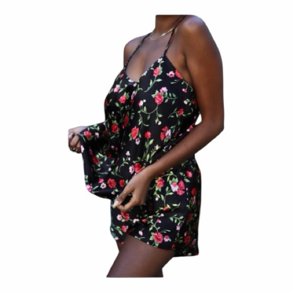 Kathy Ireland Intimates Red Rose Sleep Cami & Short 2-pc Set LARGE Black NWOT